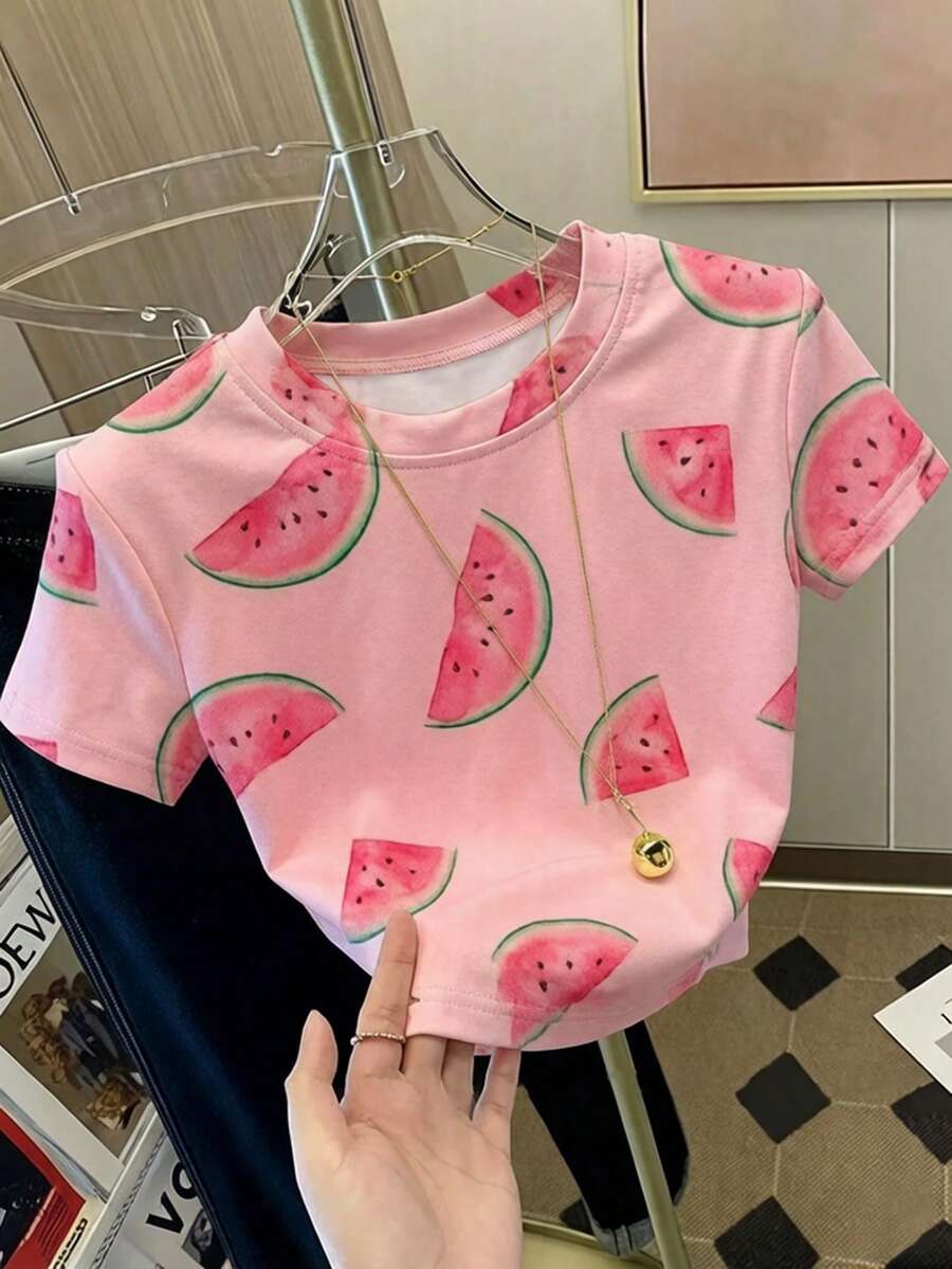 Áo thun croptop in hình dưa hấu, thoải mái và thoáng khí cho mùa hè - Hồng - Xem 1