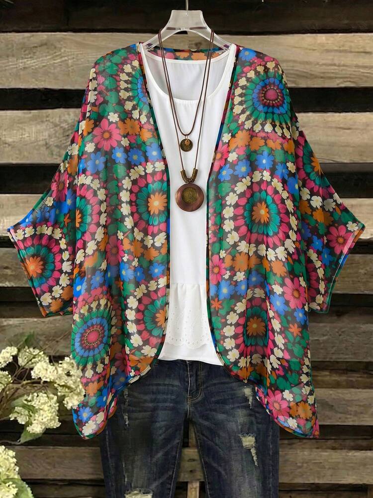 Plus Size Casual Batwing Sleeve Allover Print Jacket