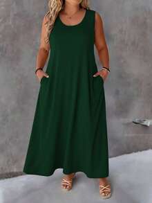 SHEIN LUNE Đầm dệt kim in họa tiết cổ tròn dáng rộng, cỡ lớn - màu xanh lá - Xem 3