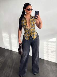 SHEIN x Luisa Sonza SHEIN SXY Áo sơ mi nữ dáng ôm, cài cúc đơn, họa tiết kẻ caro, tay ngắn. - Nhiều màu - Xem 7