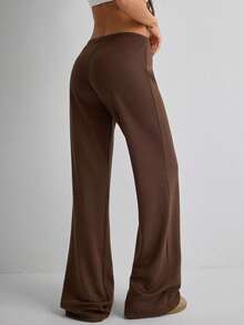Women's Casual Black Wide Leg Fabric Pants With Drawstring Detail Long Medium Stretch - Brown - View 2