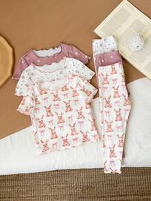 SHEIN LMoss Kids 女婴可爱卡通熊和花卉印花荷叶边圆领短袖上衣和裤子六件套休闲舒适针织睡衣套装 - 彩色 - 查看 5
