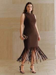 Anewsta Vestido Elegante Plus Size para Mulheres, Vestido para Férias, Vestido Minimalista de Passeio de Verão, Vestido Sem Mangas de Gola Alta com Enfeites e Borlas Longas Marrons - Café - Visão 4