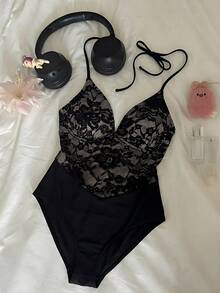 SHEIN MOD Women's Sexy Contrast Lace Halter Backless One-Piece Swimsuit, Summer Vacation - Black - View 3