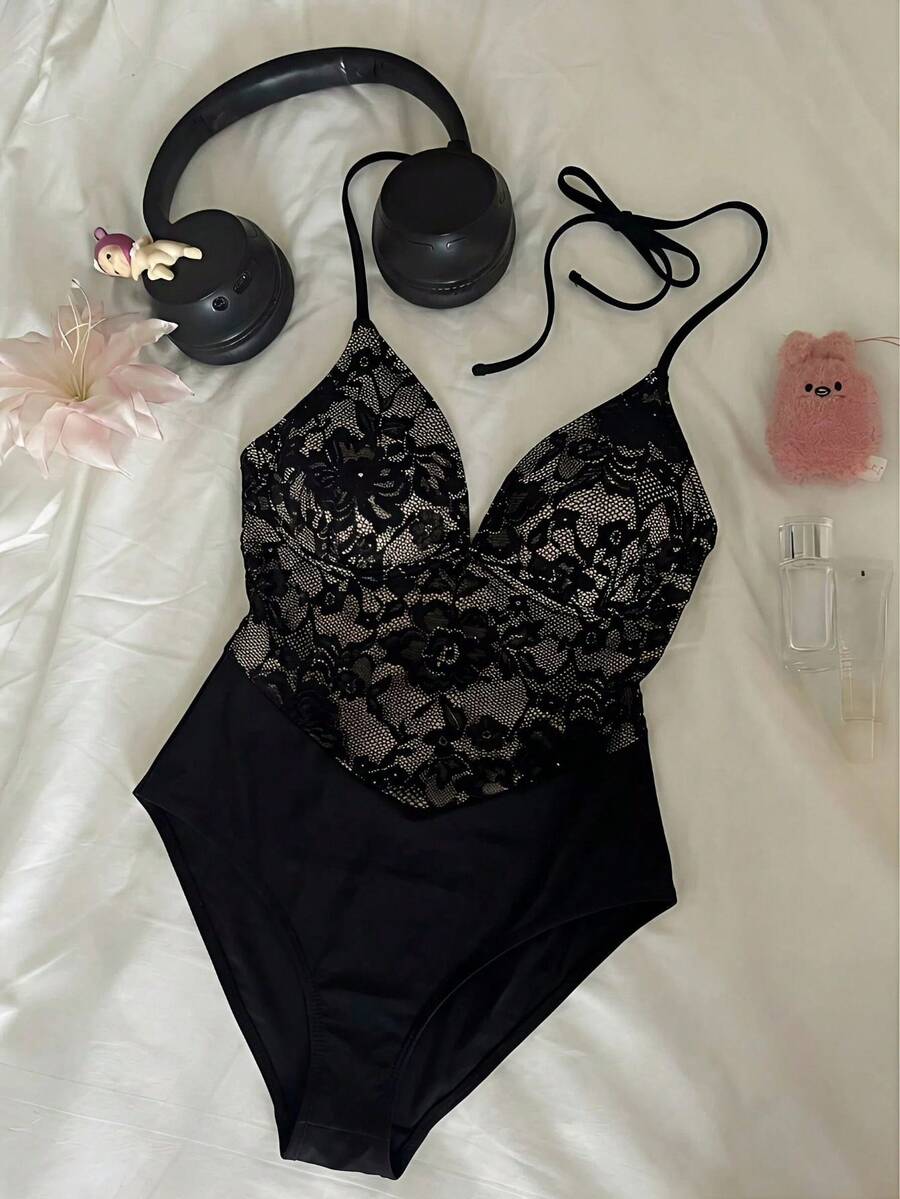 SHEIN MOD 女士性感撞色蕾丝露背吊带连体泳衣，夏季度假 - 黑色 - 查看 1