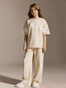 SHEIN 青少年女孩休閒運動套裝，寬鬆大尺寸圓領，可愛，校園，返校季 - 杏色 - 查看 4
