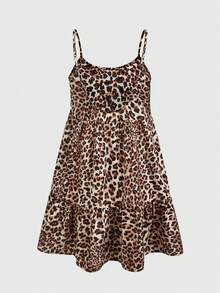 SHEIN EZwear 女士豹纹编织吊带迷你连衣裙 - 卡其色 - 查看 2