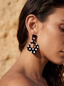 Swim Chiccia 一对时尚优雅夸张波尔卡圆点几何耳环 - 黑與白 - 查看 7