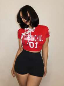 BamGleam Red Lace-Up Cropped Short Sleeve T-Shirt, Retro American Y2K Sexy Sporty Casual Top - Red - View 5