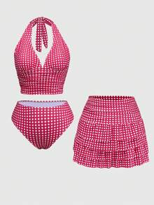 Sweetra 大码女式三件套：格子褶皱系带吊带背心、三角裤和纱笼裙式背心泳衣 - 紅色 - 查看 5