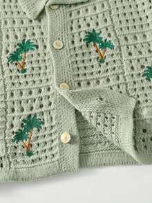 2pcs Young Boys Casual Vacation Palm Tree Crochet Texture Polo Collar Cardigan And Shorts Set, Comfortable And Versatile - Green - View 4