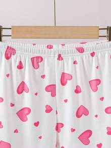 4 Stücke Mädchen Elastisch Gestrickt Kurzarm Shorts Pyjama Set mit Schleife & Herz Dekor, Weich & Bequem, Tolles Geschenk für Teenager Mädchen - Pink - Übersicht 5