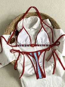 SHEIN Swim Vcay 女士两件套条纹印花随机挂脖比基尼套装，系带泳裤，优雅沙滩泳装 - 彩色 - 查看 2