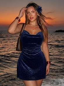 SHEIN ICON Plus Size Fitted Leopard Print Flocked Plunge Neck Backless Mini Dress - Blue - View 2