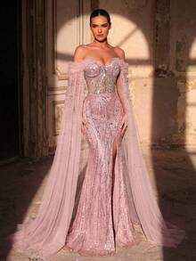 Glamrae Elegant Luxurious Pearl Sequin Mesh Splice Off-Shoulder 3D Rhinestone Handmade Beaded Sheer Extra Long Sleeve Mermaid Side High Slit Tie Formal Dress - Pink - View 4