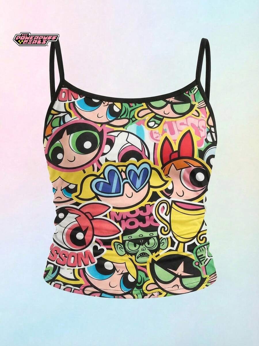 THE POWERPUFF GIRLS X SHEIN Maija Kids 少女修身休闲运动吊带背心，基础款套装 - 彩色 - 查看 1