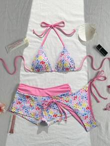 Swim Mod Conjunto de bikini de 3 piezas con parte superior triangular con escote de pico y espalda descubierta, y Bottom, con estampado de lunares y lazo, para mujer. Conjunto de bikini con estampado floral para primavera/verano como atuendo de playa para mujer - Multicolor - Ver 3