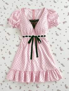 女士甜美时尚波点印花系带蕾丝拼接连衣裙 - 粉色 - 查看 1