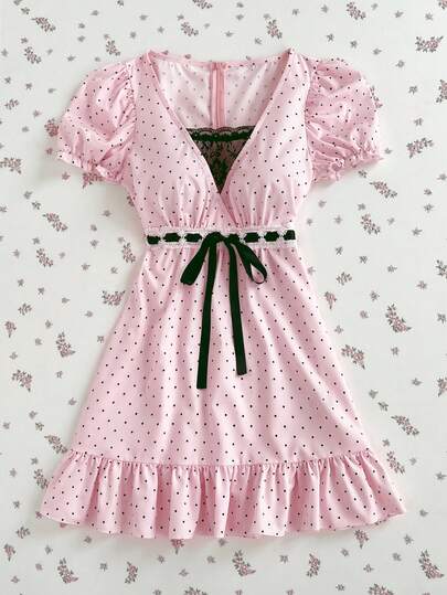 Elamini Đầm ren buộc dây phối họa tiết chấm bi thời trang ngọt ngào dành cho nữ