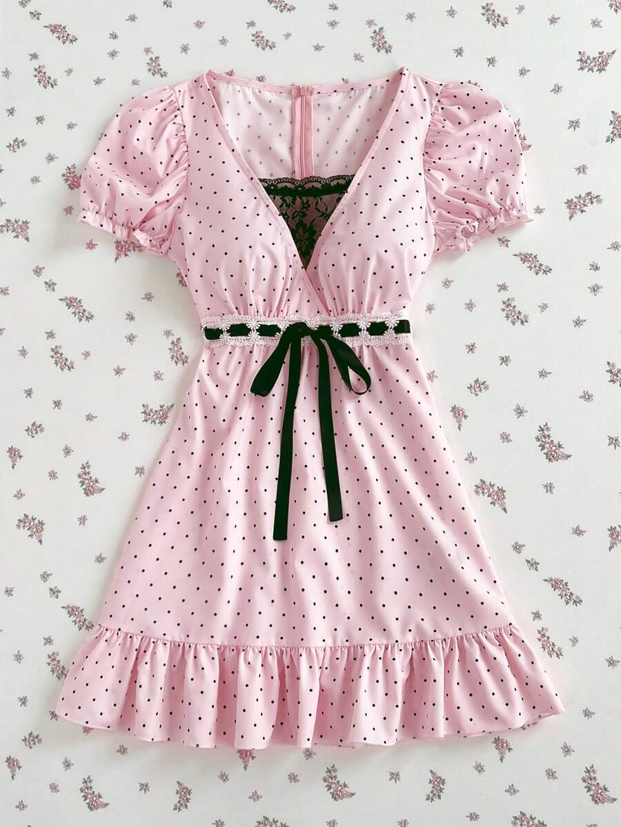 女士甜美时尚波点印花系带蕾丝拼接连衣裙 - 粉色 - 查看 1