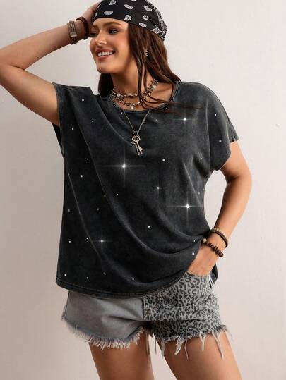 Freevana Women's Plus Size Round Neck Short Sleeve Loose Solid Dark Gray Cotton Rhinestone Glitter Elegant Casual T-Shirt Top, Spring/Summer Casual Loose-Fitting T-Shirt, Stretchy And Comfortable, Washed Grey, Dark Grey Top, Short-Sleeved Casual T-Shirt, Women's Outdoor Wear, Rhinestone Hot Stamping, Sparkly Fabric.