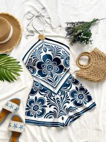 Eryvara 女士印花连体裤，配金属扣，适合度假 - 藍色 - 查看 1