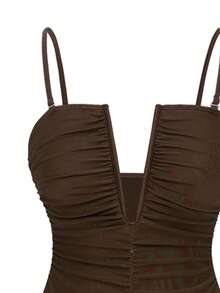 Swim Oasis 2pcs/Set Sexy Solid Color V-Neck Ruched Spaghetti Strap Bandeau One-Piece Swimsuit & Front Twist Split Beach Dress Set - Brown - View 3