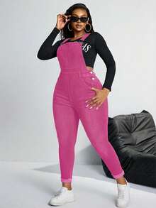 SHEIN SXY Plus Size Women Pocket Distressed Skinny Casual Bib Overall Jumpsuit - Pink - View 5