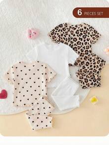 SHEIN 新生女宝宝可爱简约爱心图案荷叶边圆领短袖长裤针织睡衣套装，6件套 - 彩色 - 查看 2