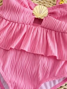 SHEIN Baby Girl One-Piece Swimsuit,Holiday Cute Polyester Swimwear For Young Girls,Fashionable Colorful Ruffle Bathing Suit With Seashell Trim Monokini - Hot Pink - View 4