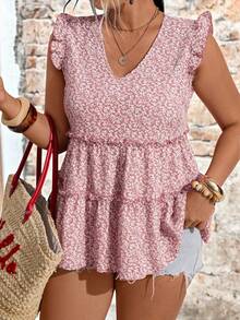 EMERY ROSE Blusa elegante de talla grande tejida con estampado floral, cuello en V, mangas volantes y ribete con volantes, adecuada para vacaciones, exteriores, uso diario, primavera/verano - Rosa - Ver 5