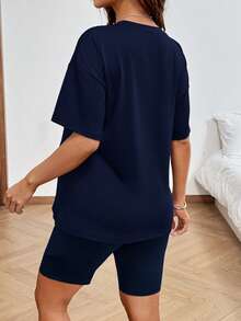 SHEIN 2pcs Maternity Letter Print Casual Short Sleeve T-Shirt And Adjustable Waist Shorts Set - Navy Blue - View 7
