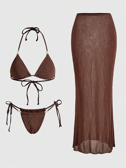 ROMWE Avant 2026 Spring/Summer 3 PiecesSwimsuit, Shiny Skirt, Sexy & Fashionable Design, Slim Fit, Essential Beach Bikini Set Vacation