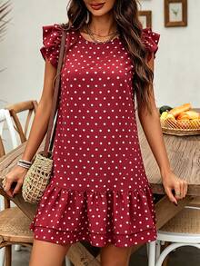 SHEIN LUNE Đầm ngắn nữ mùa hè màu đỏ chấm bi cổ tròn tay ngắn xếp nếp - Đỏ - Xem 4