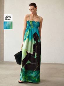MOTF PREMIUM WOMEN'S CASUAL BOHO VACATION STYLE COLORBLOCK PRINT CAMISOLE DRESS BEACH BLUE SUMMER - Green - View 5
