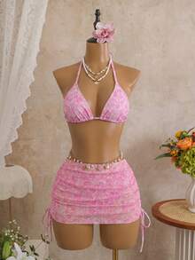 Swim Mod Bộ bikini 3 món gợi cảm họa tiết da báo dành cho nữ, kiểu cổ yếm, cúp ngực tam giác, chất liệu lưới, kèm váy đi biển, áo tankini và váy bơi. - Màu Hồng baby - Xem 1