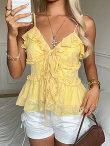 CovetEZ Áo camisole nữ màu vàng kiểu dáng thường ngày, có bèo nhún, buộc dây phía trước. - Màu vàng - Xem 5