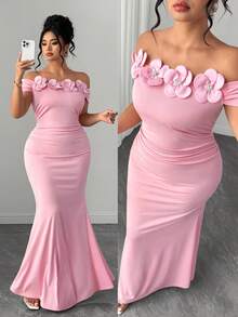 Elenzga Plus Size Pink 3D Floral One-Shoulder Mermaid Formal Dress, Slim Fit Evening Gown - Pink - View 1
