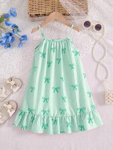 SHEIN Đầm hai dây bằng vải dệt, có nơ và sọc, in kỹ thuật số, viền xếp ly, thích hợp cho bé gái mặc hàng ngày vào mùa hè, đi chơi, du lịch, nghỉ mát, dự tiệc. - màu xanh lá - Xem 4