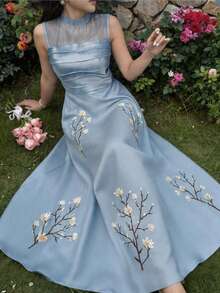 Feyla Women's Floral Embroidered Mandarin Collar Pleated Design Elegant Sleeveless Dress - Blue - View 3
