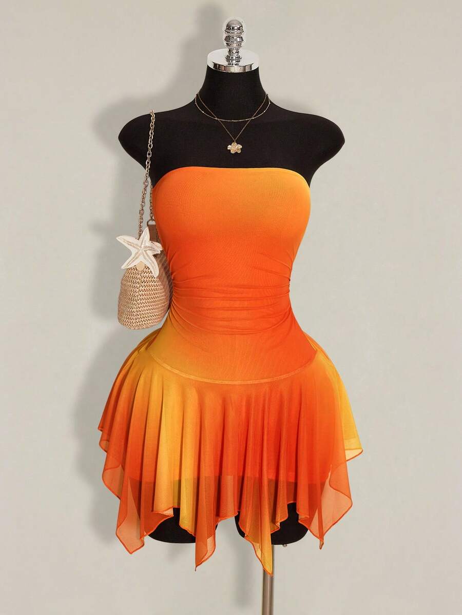 SHEIN ICON 女式渐变色褶饰抹胸式迷你连衣裙 - 橘色 - 查看 1