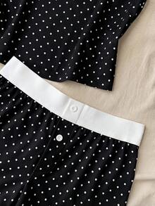 少女春夏情人节家居服，Clean Girl/American品牌，蕾丝边波点图案吊带背心和短裤套装 - 黑色 - 查看 4