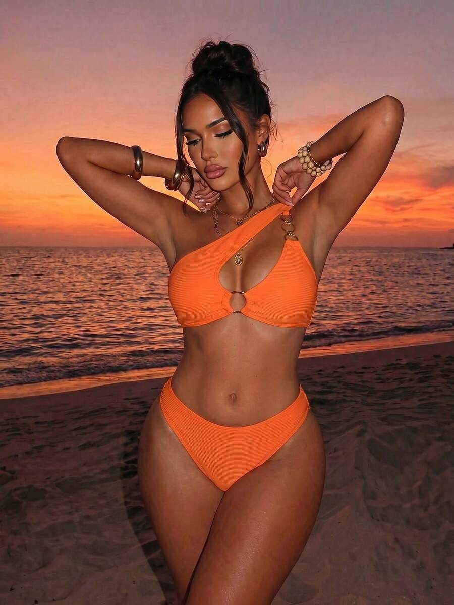 Swim SXY Damen Sommer Strand einfarbig sexy Ausschnitt Monokini Bikini Badeanzug Set - Orange - Übersicht 1