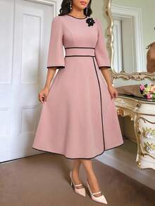 SHEIN Lady Women's Contrast Trim Round Neck Short Sleeve Mid-Length Dress Dress For Church For Women Modest Dress French Style Dress Elegant Dress - Baby Pink - View 3