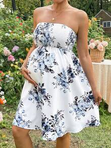 Boho Mama 孕妇碎花无袖连衣裙，夏季时尚 - 藍色 - 查看 2