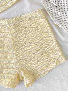SHEIN Teen Girl Cute Summer Light Yellow Textured T-Shirt And Shorts Set,Comfortable Casual Holiday Beach Vacation Hawaii Outfit,Summer Party Photo Shoot - Yellow - View 3