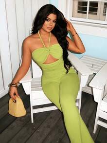 SHEIN SXY Green Halter Neck Bodycon Jumpsuit For Vacation - Green - View 6