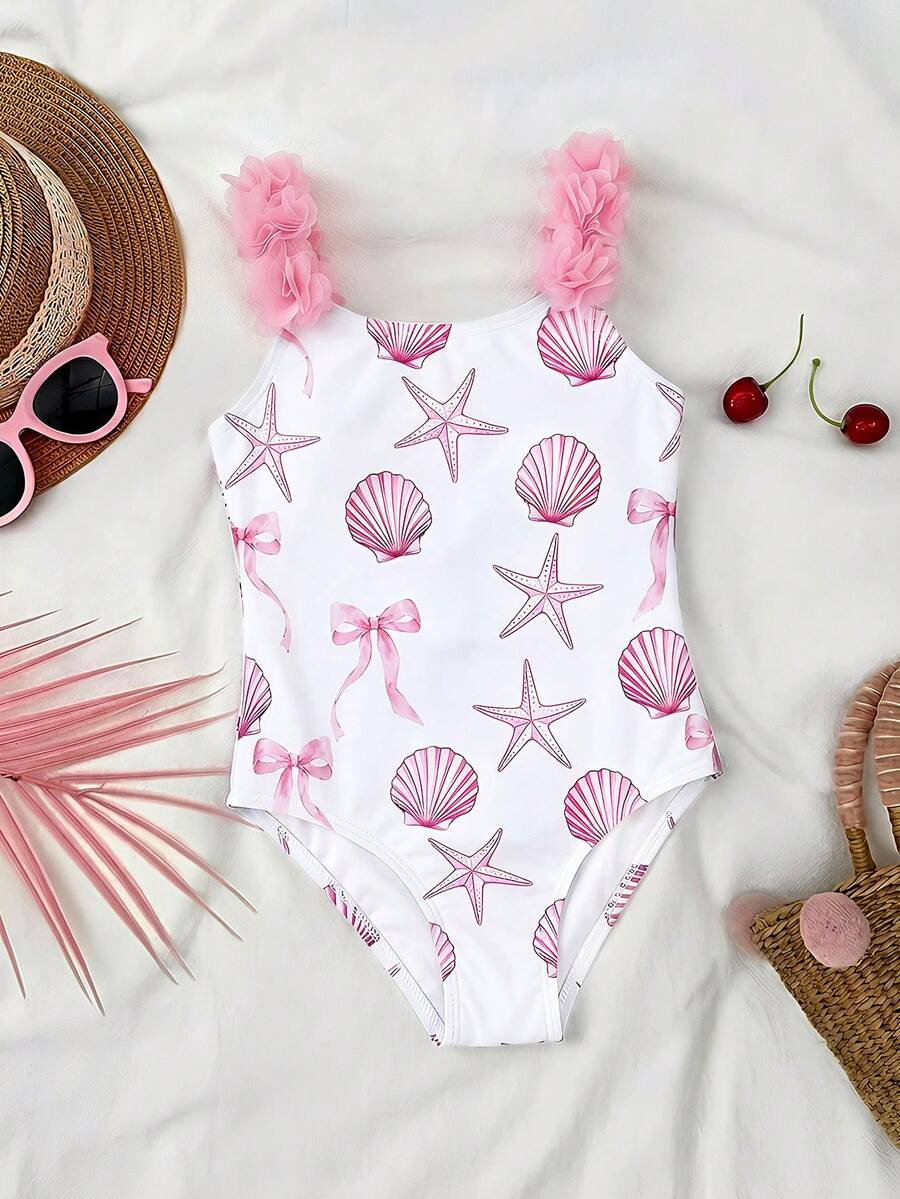 Emery Rose Kids Emery Rose Kids Young Girl Striped Bow Floral One-Piece Swimsuit - Pink - View 1