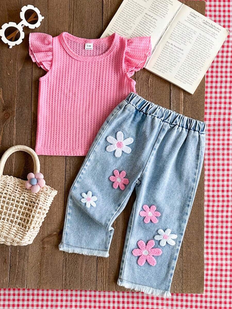 SHEIN Vintaside Kids 女婴两件套,粉色圆领短袖上衣搭配樱桃刺绣牛仔裤,甜美风格,日常百搭,适合户外玩耍和休闲聚会。 - 粉色 - 查看 1