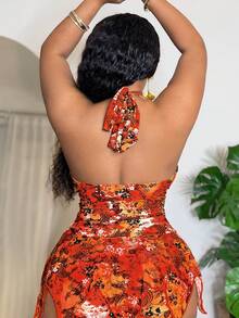 Slaydiva Maillot de bain grande taille Printemps/Été 2026, imprimé floral et feuillage coloré, col en V profond, côtés froncés, bordure en maille, taille haute. Tenue sexy pour la plage et la piscine en vacances - Multicolore - Voir 2
